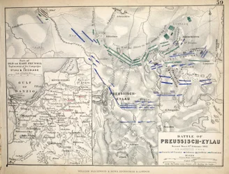 Mapa de la Batalla de Preussisch-Eylau, publicado por William Blackwood and Sons, Edimburgo y Londres, 1848 (grabado coloreado a mano)